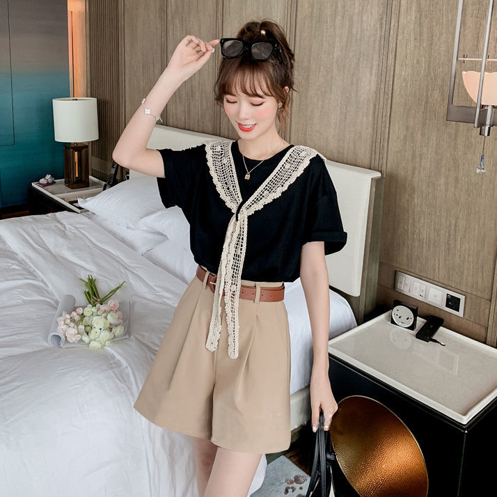 Foreign style wide leg Shorts Set New Women's shawl short sleeve T-shirt small height with two-piece set