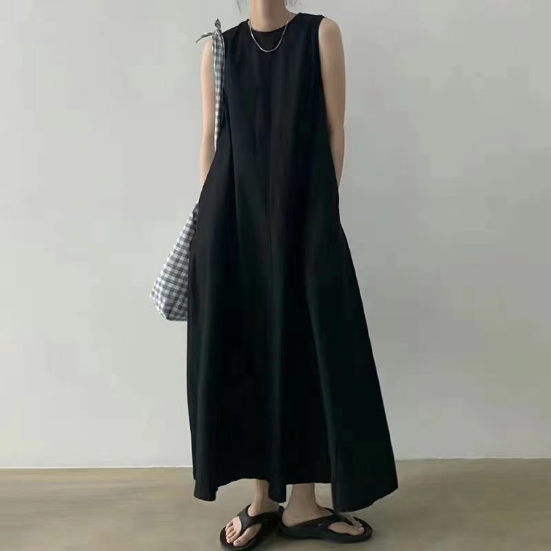 Languid cool wind dark series long skirt Korean chic wind loose large swing sleeve less long cotton hemp dress