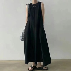 Languid cool wind dark series long skirt Korean chic wind loose large swing sleeve less long cotton hemp dress