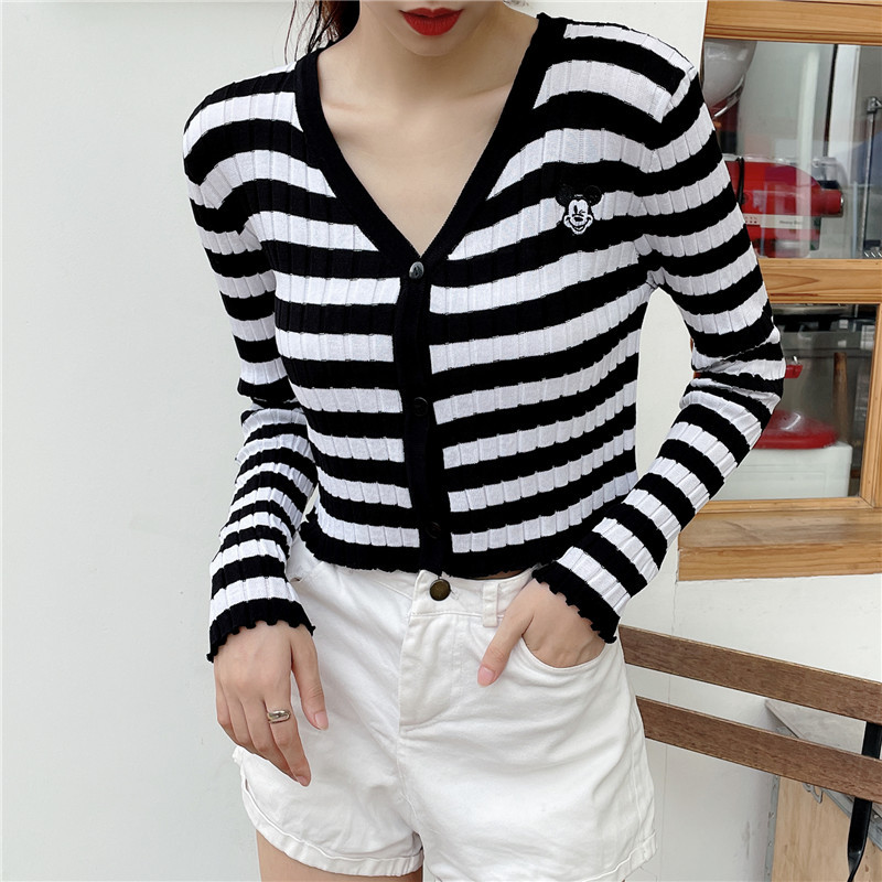 Real price design feeling Mickey embroidery contrast stripe ice silk knitted cardigan