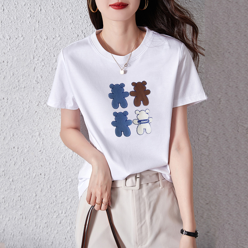 Cotton bag back neck short sleeve print bear loose casual top