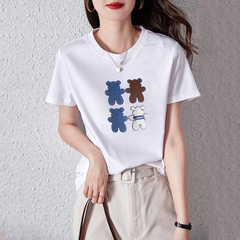 Cotton bag back neck short sleeve print bear loose casual top
