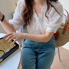 Summer V-neck heavy industry lace hollow out embroidered single breasted temperament short sleeve shirt