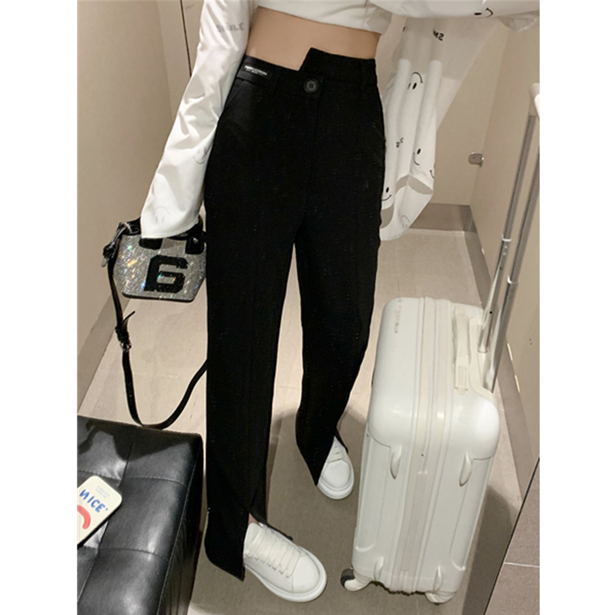 Split suit pants women's spring and autumn high waist show thin drop feeling split slit wide leg pants casual straight tube loose floor pants