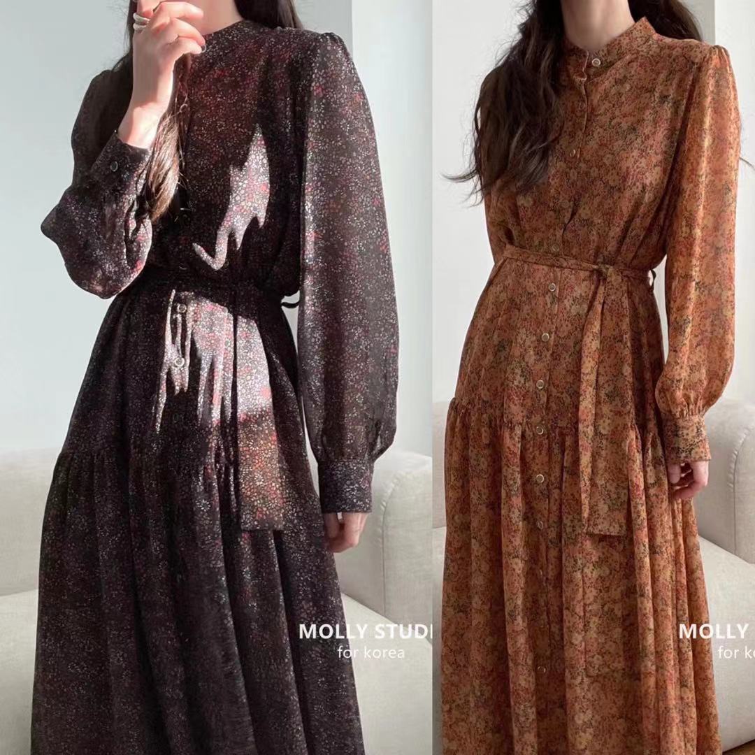South Korea dongdamen new retro floral buckle waist dress