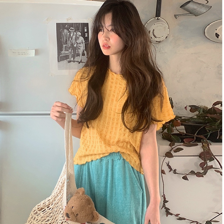 Girlish cute wave wrinkled short sleeve T-shirt