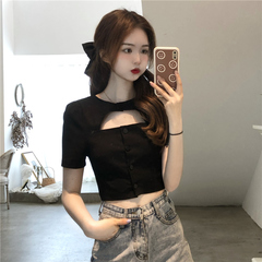 Real shot fiber denim fabric design small high waist navel shirt