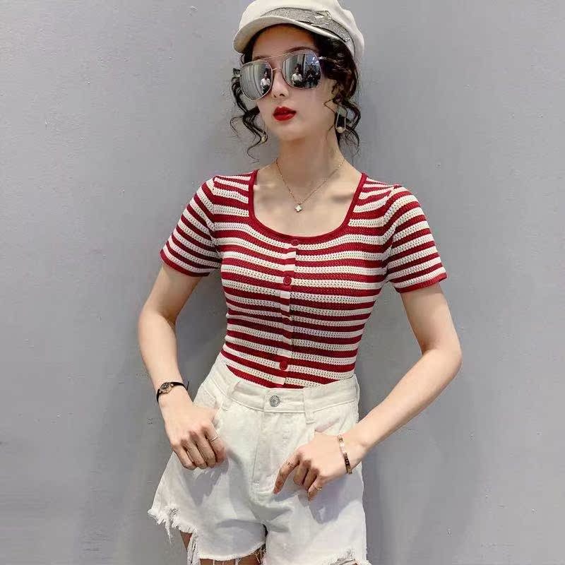 Collar short sleeve ice silk T-shirt women's spring, summer and autumn new short striped top hollow thin wide T-shirt fashion