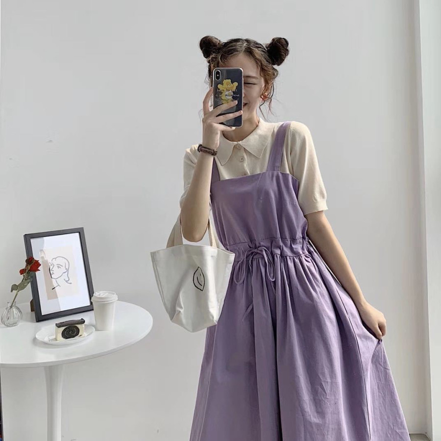 Set summer autumn new Korean sweet purple strap skirt knitted T-shirt two piece set for female students