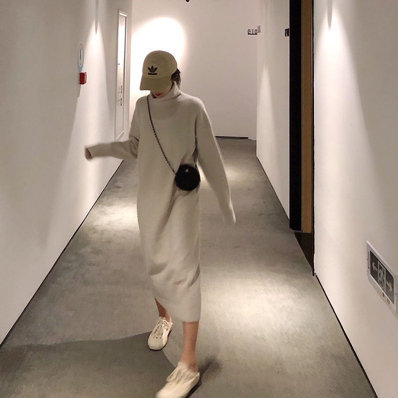 Autumn and winter knitted basic woolen dress new knee length medium length high cold imperial sister mature temperament dress female