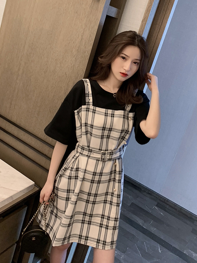 Summer new Korean splicing fake two Plaid Dress women's popular loose fat sister casual skirt