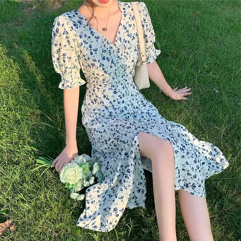 Platycodon grandiflorum retro French sweet first love long skirt with thin waist and Collar Chiffon Floral Dress