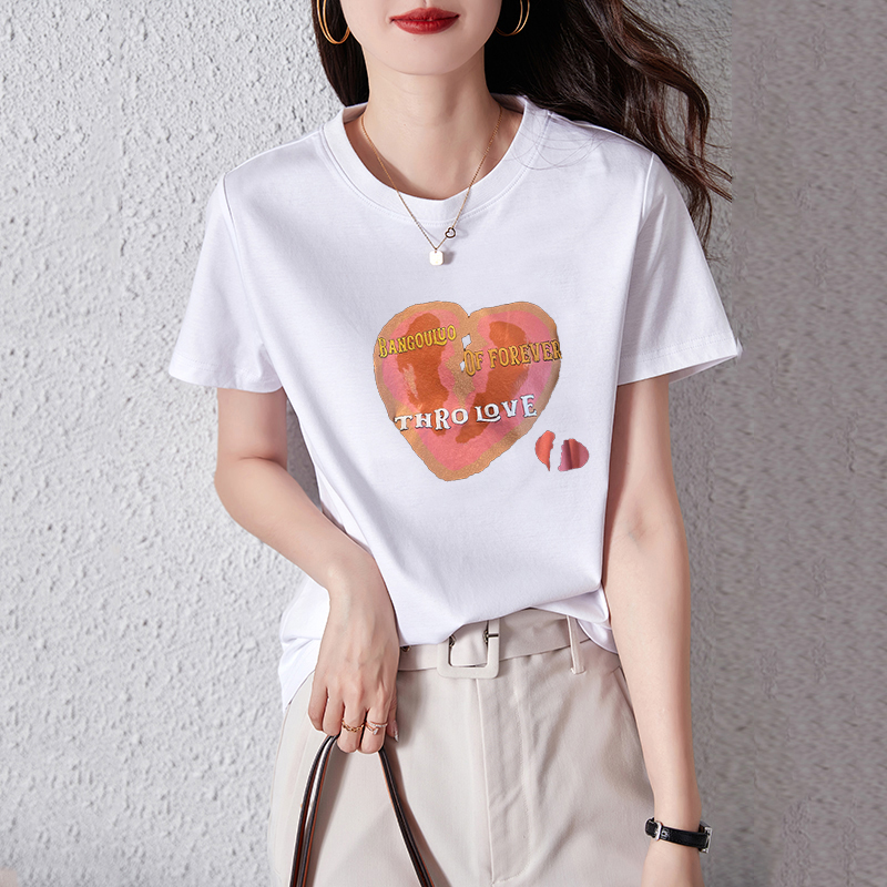 Ice porcelain cotton branch cotton bag back neck short sleeve t-shirt female Korean love printing round neck top