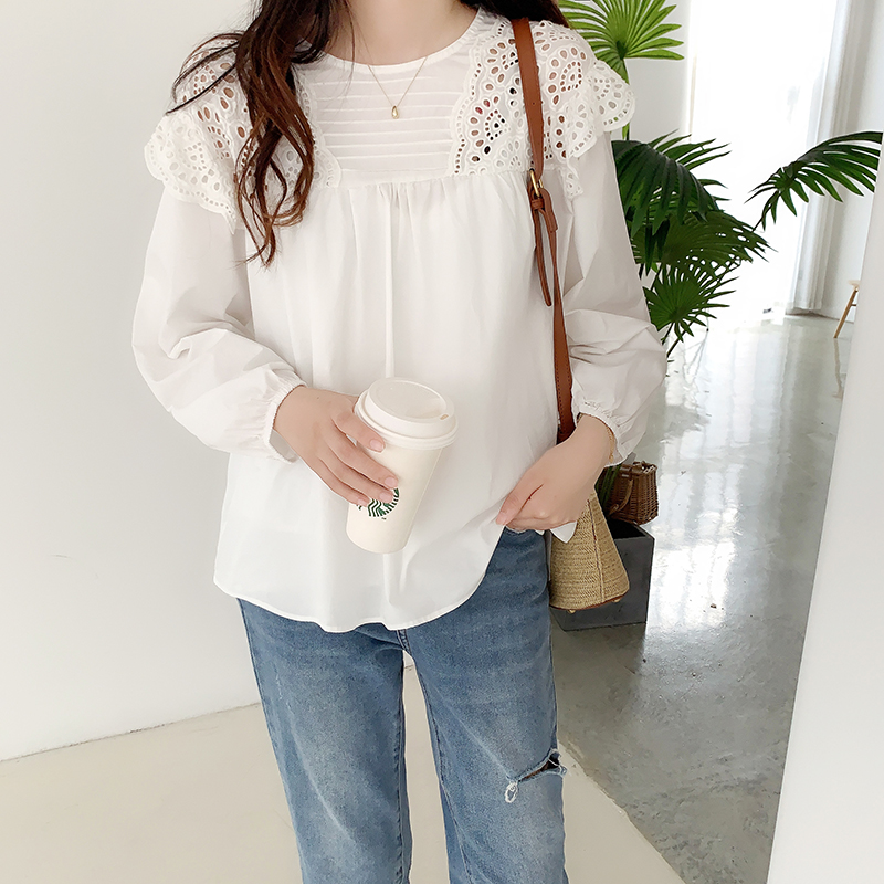 South Korea dongdamen soft round neck cut-out lace stitching pleated design loose bubble sleeve shirt blouse