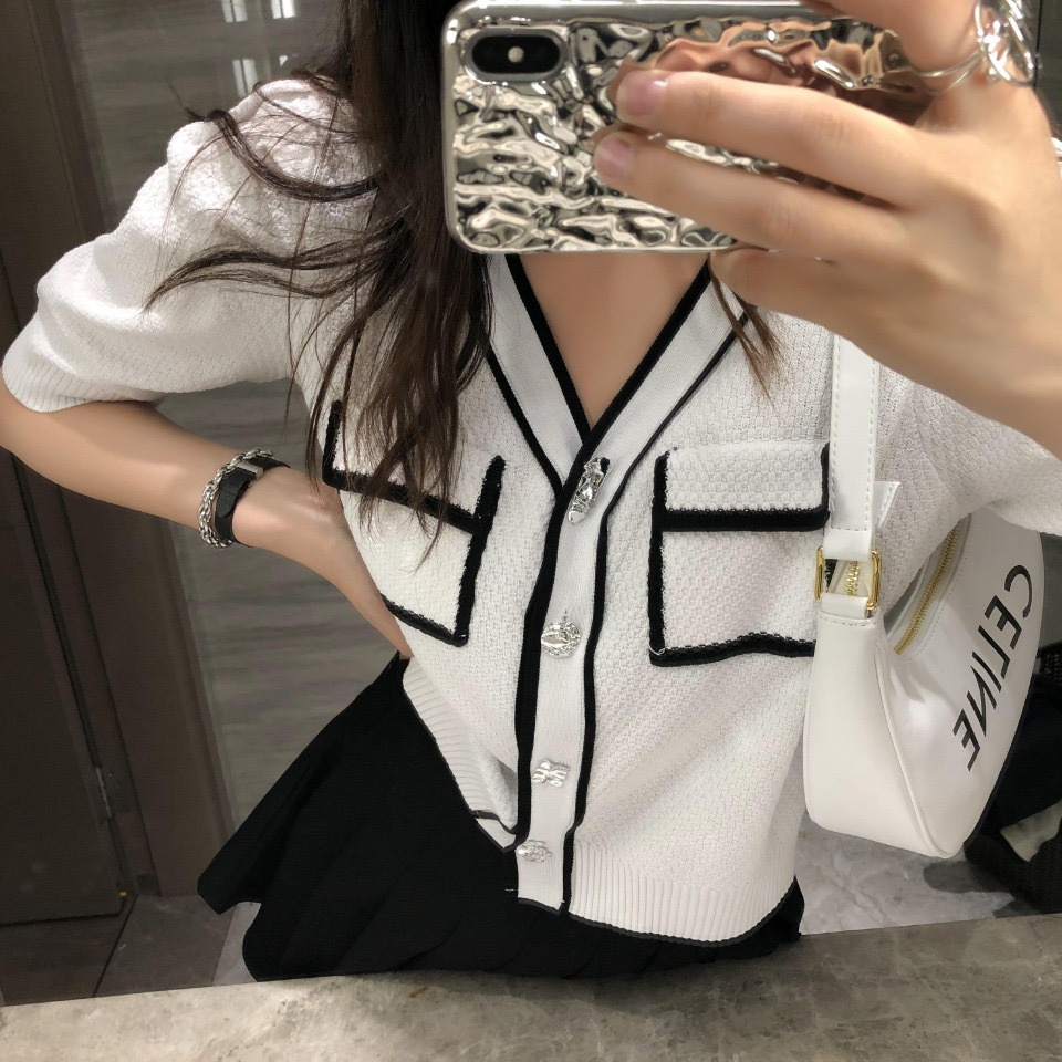 Spring and summer thin French bubble sleeve top small fragrance short foreign style collar color matching short sleeve sweater cardigan girl