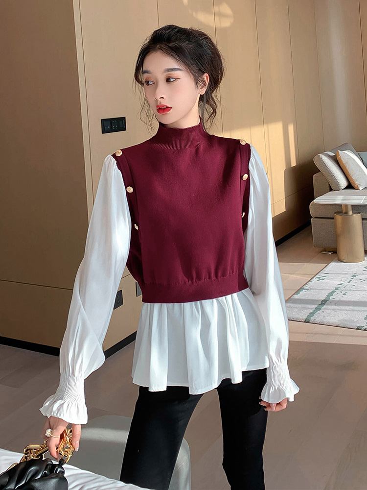 Knitted waistcoat stitching white shirt women's autumn winter 2020 new Korean loose long sleeve fake two piece base coat