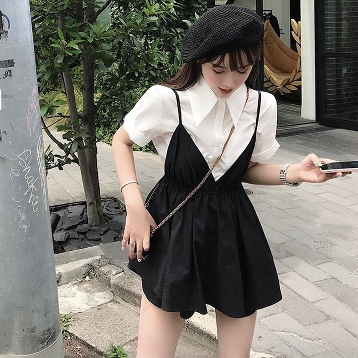 Fat mm large women's summer new white shirt with suspender skirt