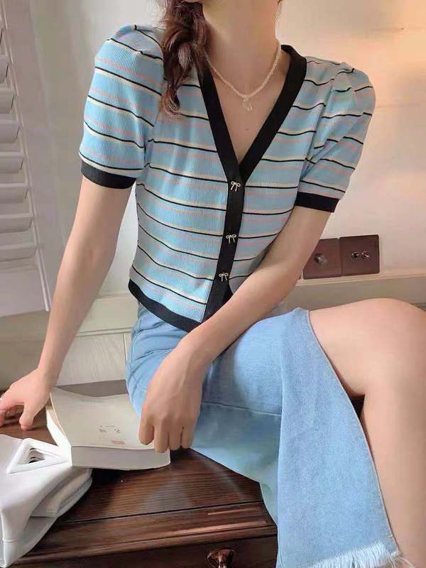 Bailey liqueur stripe cardigan short sleeve women's summer thin V-neck slim short sleeve knitted T-shirt