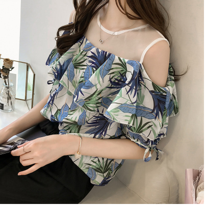 New Korean temperament yarn mesh splicing round neck printing chiffon shirt women's Short Sleeve Ruffle Top