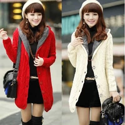 Autumn and winter new twist button medium and long hooded cardigan with plush thickened warm sweater for women