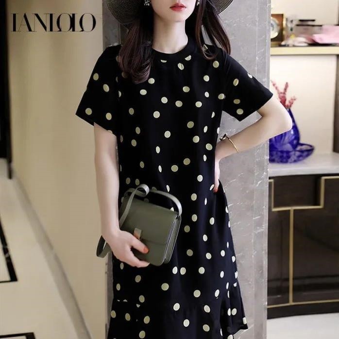 2021 summer new fashion women's large size fat mm round neck Polka Dot Dress loose and thin age reducing A-line skirt