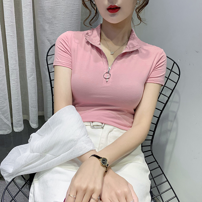 2021 summer top Korean version Lapel ring zipper slim fit versatile tight T-shirt women's short sleeve