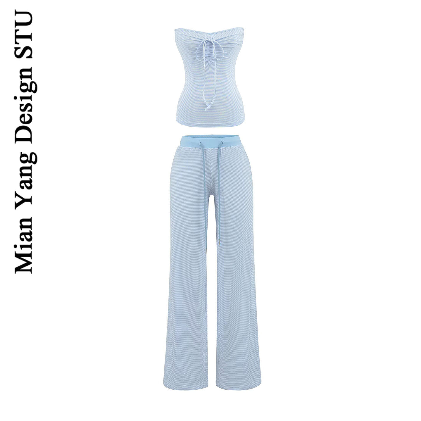 棉洋街头辣妹抽褶系带条纹抹胸背心搭撞色休闲遮肉条纹拖地阔腿裤,女装/女士精品,时尚套装,淘宝优惠券,粉丝福利购,淘宝优惠卷