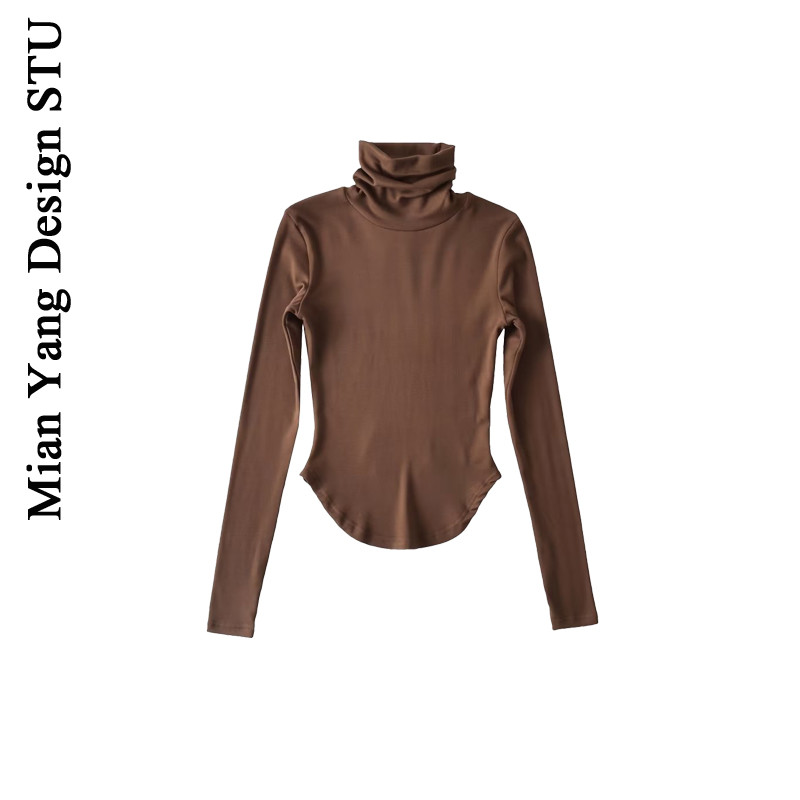 棉洋 美式复古弧边长袖T恤衫女 ins保暖加绒堆堆小高领弹力打底衫