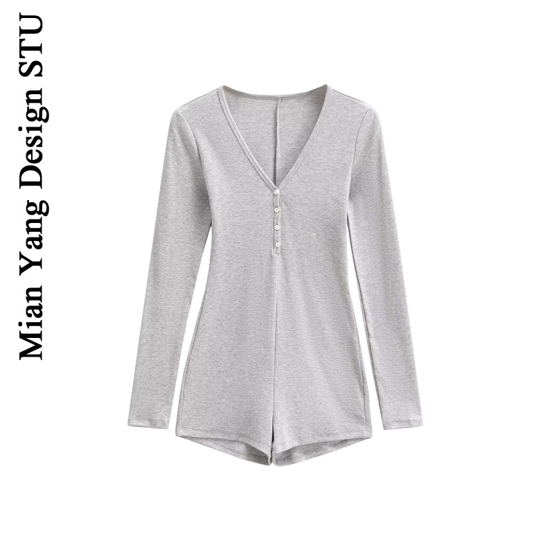 性感V领长袖纽扣修身连衣短裤女