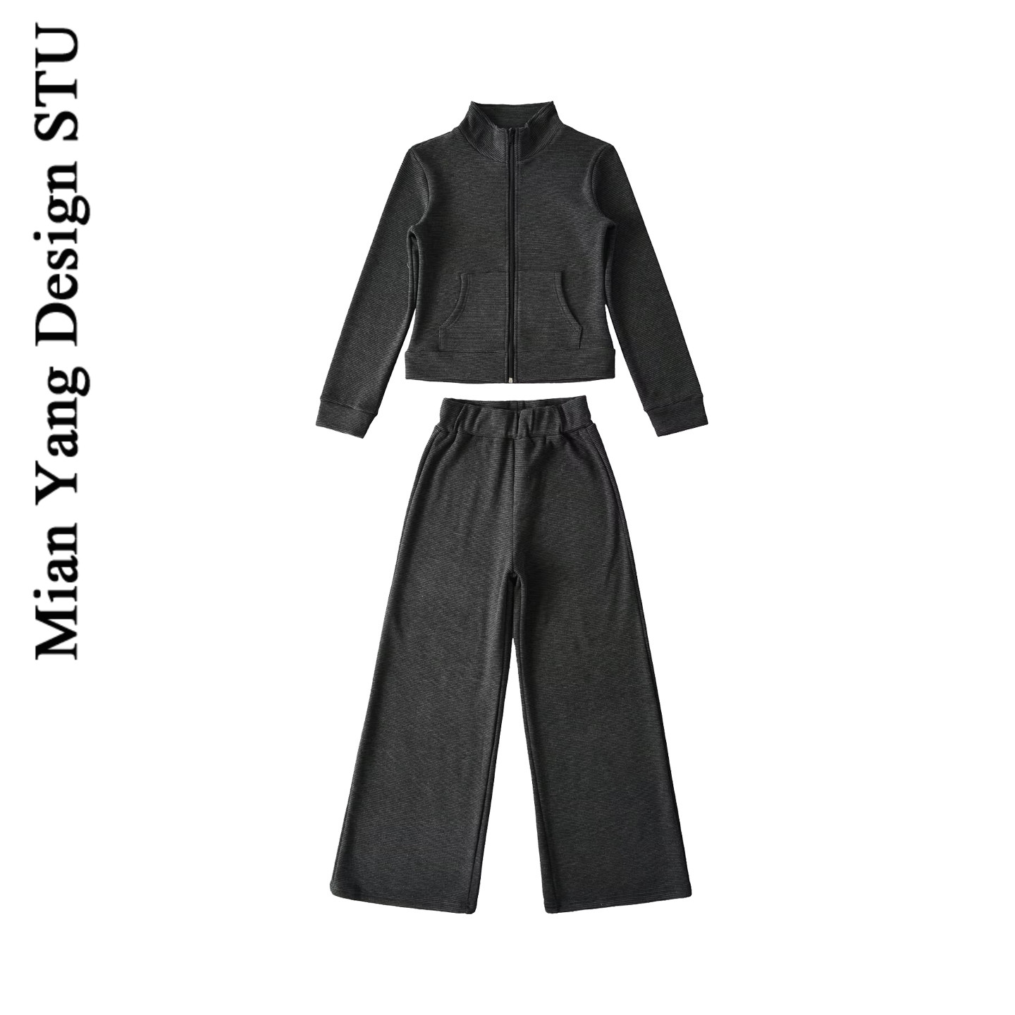 美式立领条纹拉链外套卫衣裤套装