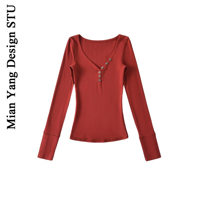 棉洋美式纽扣V领休闲打底T恤衫女街头辣妹长袖弹力显瘦露锁骨上衣