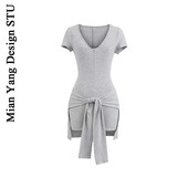 棉洋美式 绑带多穿披肩裹腰运动连体裤 小众短袖 紧身连体衣小众个性