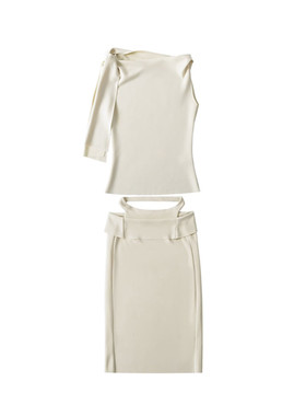 棉洋kylie同款不对称斜肩飘带修身显瘦T恤背心上衣女夏半身裙套装