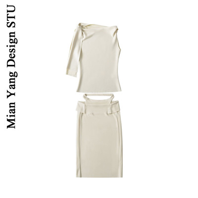 不对称斜肩飘带背心半身裙套装