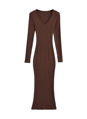 棉洋性感高个v领包臀鱼尾大长裙 辣妹卡戴珊长袖打底连衣裙小妈裙