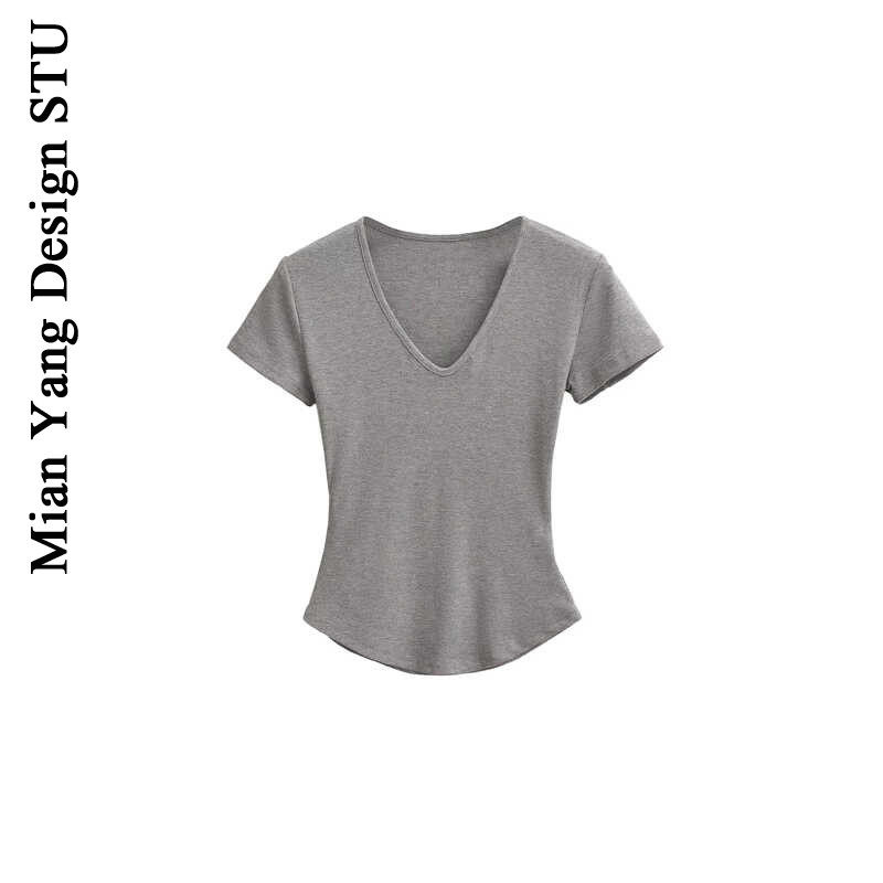 棉洋美式纯色短袖修身蚂蚁腰T恤女 复古辣妹v领弧边显瘦弹力短T恤