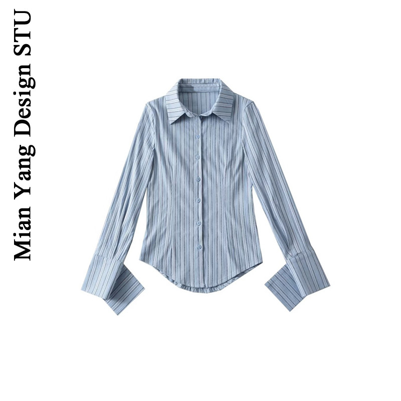 修身高街少女辣妹条纹衬衫长袖