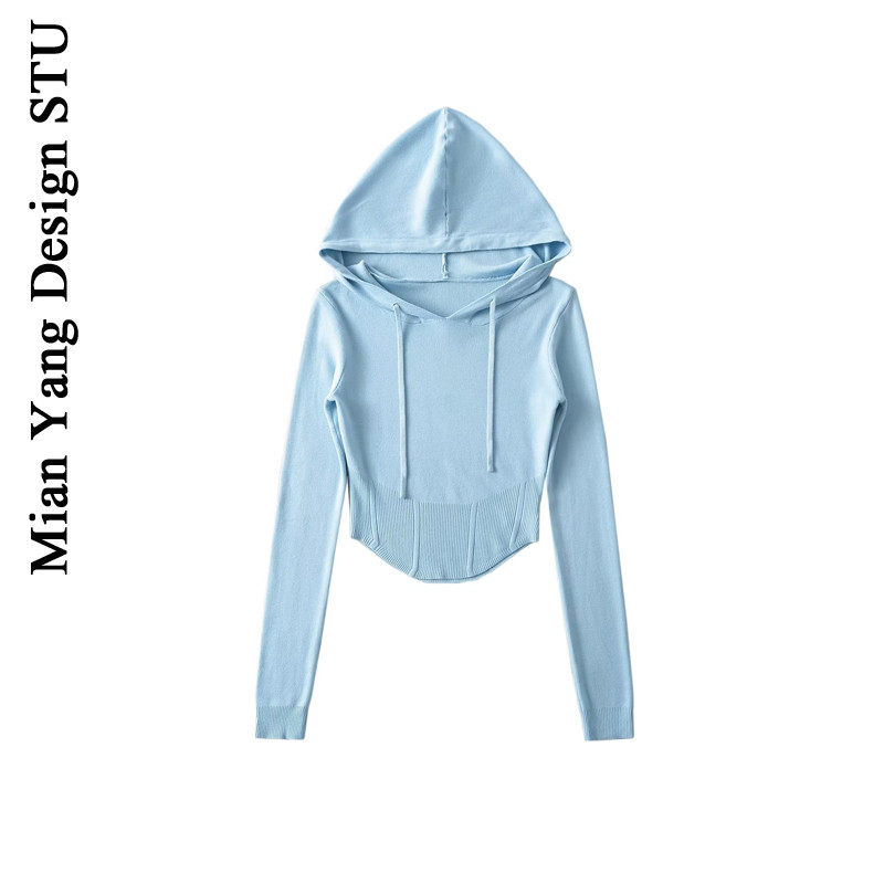 棉洋青春休闲花边抽绳甩帽针织衫女甜妹百搭鱼骨式显瘦连帽套头衫