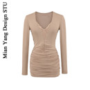 棉洋复古性感蕾丝拼接深v包臀连衣裙 打底小短裙 纯欲褶皱拼接长袖