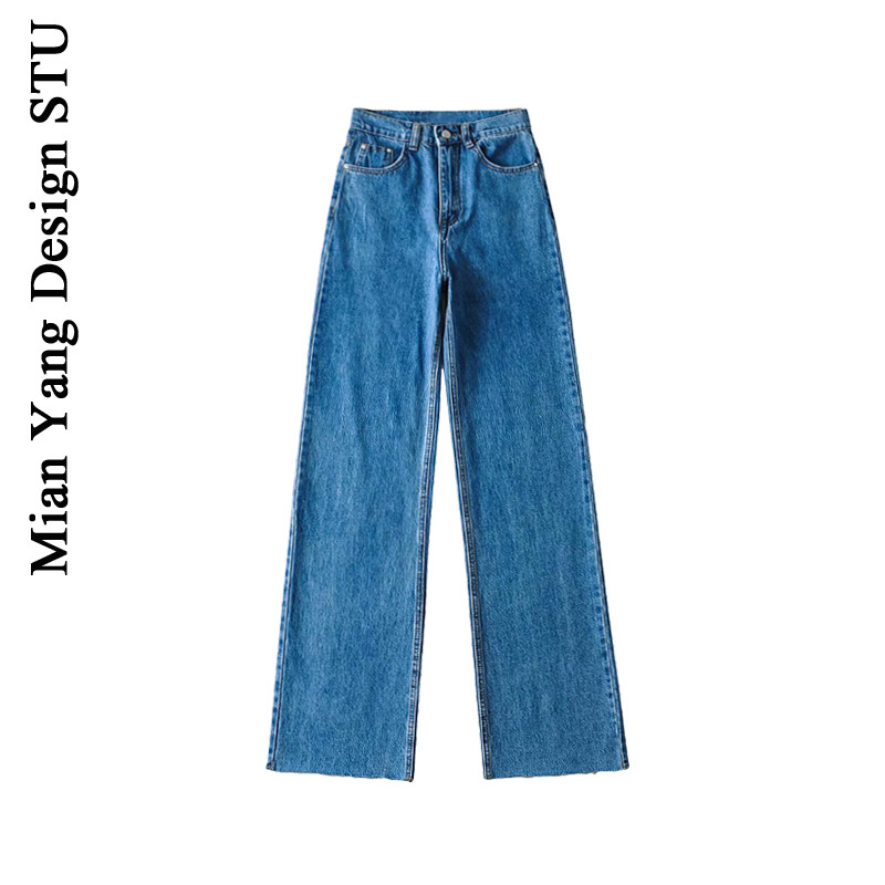 欧美做旧时髦港风大长腿牛仔裤