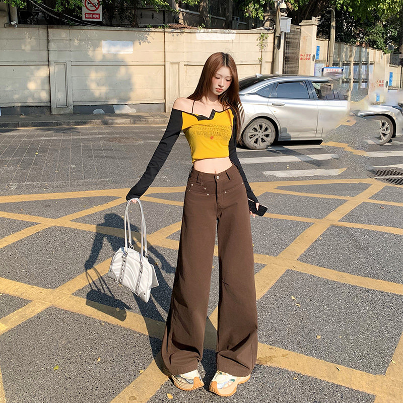 可可色弯刀牛仔裤女2026春季新款宽松高腰显瘦垂感阔腿香蕉拖地裤,女装/女士精品,牛仔裤,淘宝优惠券,粉丝福利购,淘宝优惠卷