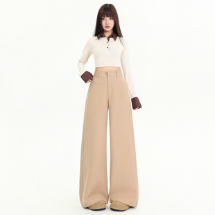 2026年早春卡其色雅痞老钱风复古直筒西裤女高腰显瘦休闲裤