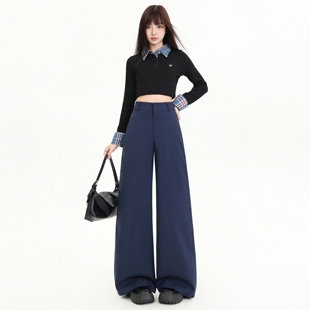 2026年早春藏蓝色雅痞老钱风复古直筒西裤女高腰显瘦微喇休闲裤