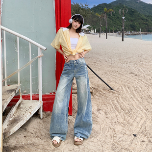 舒适辣妹新款 做旧褶皱拖地垂感牛仔长裤 宽松春夏 2026美式 26ss