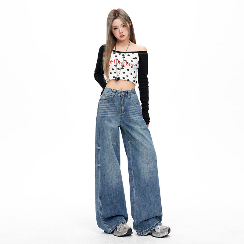 高品质2026开春新款复古高腰宽松做旧弯刀直筒阔腿拖地牛仔裤女,女装/女士精品,牛仔裤,淘宝优惠券,粉丝福利购,淘宝优惠卷