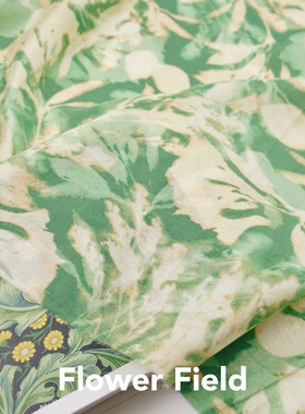 柔软微透 抽象绿色系枯叶印花真丝天丝麻亚麻面料古装汉服布料DIY