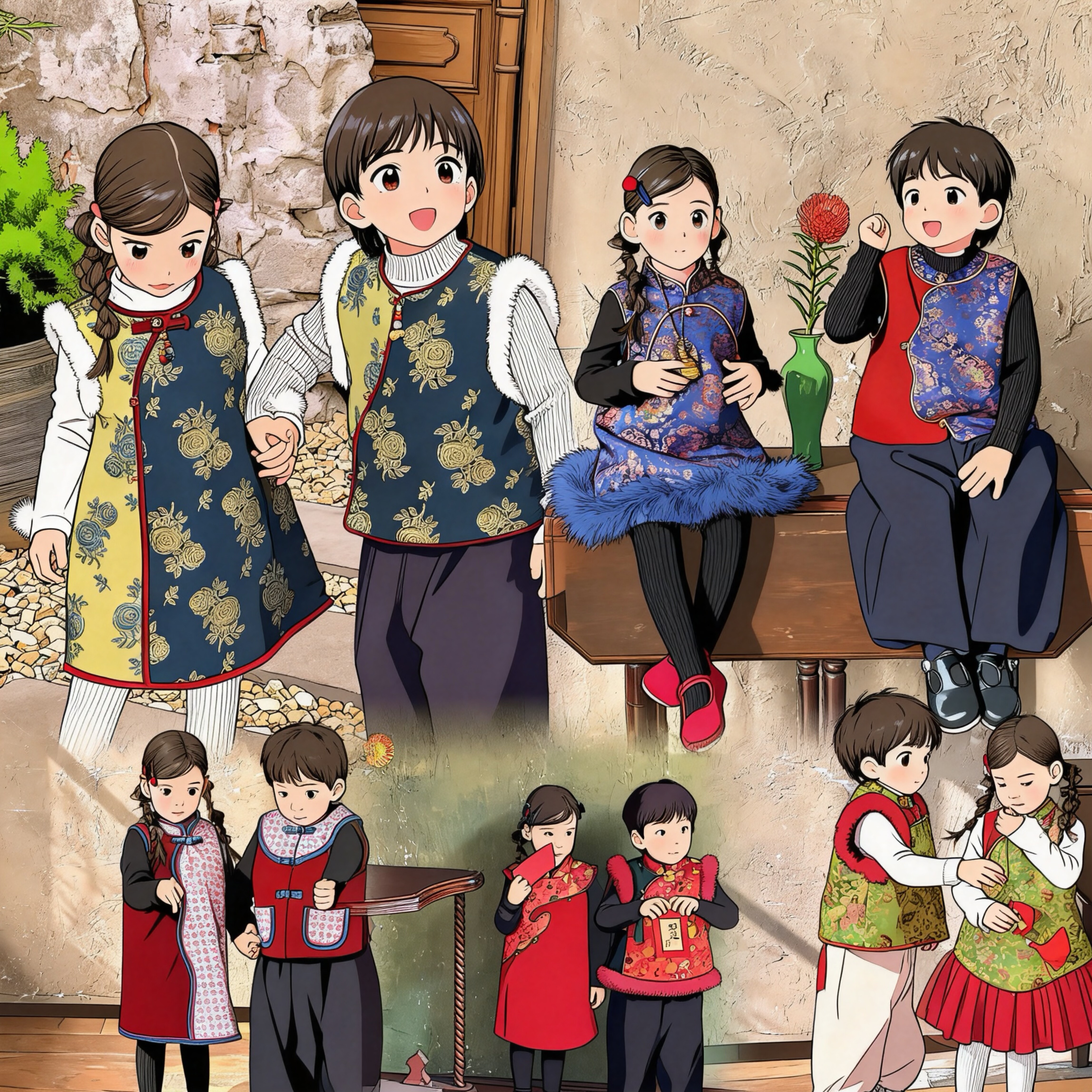 nanc 新中式国风套新款冬季男女宝兄妹夹棉背心裙儿童新年拜年服