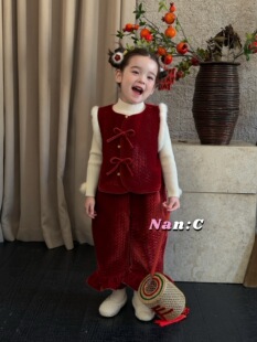 Nc 女童新中式加绒保暖拜年服套装洋气国风蝴蝶结新年马甲裤子063