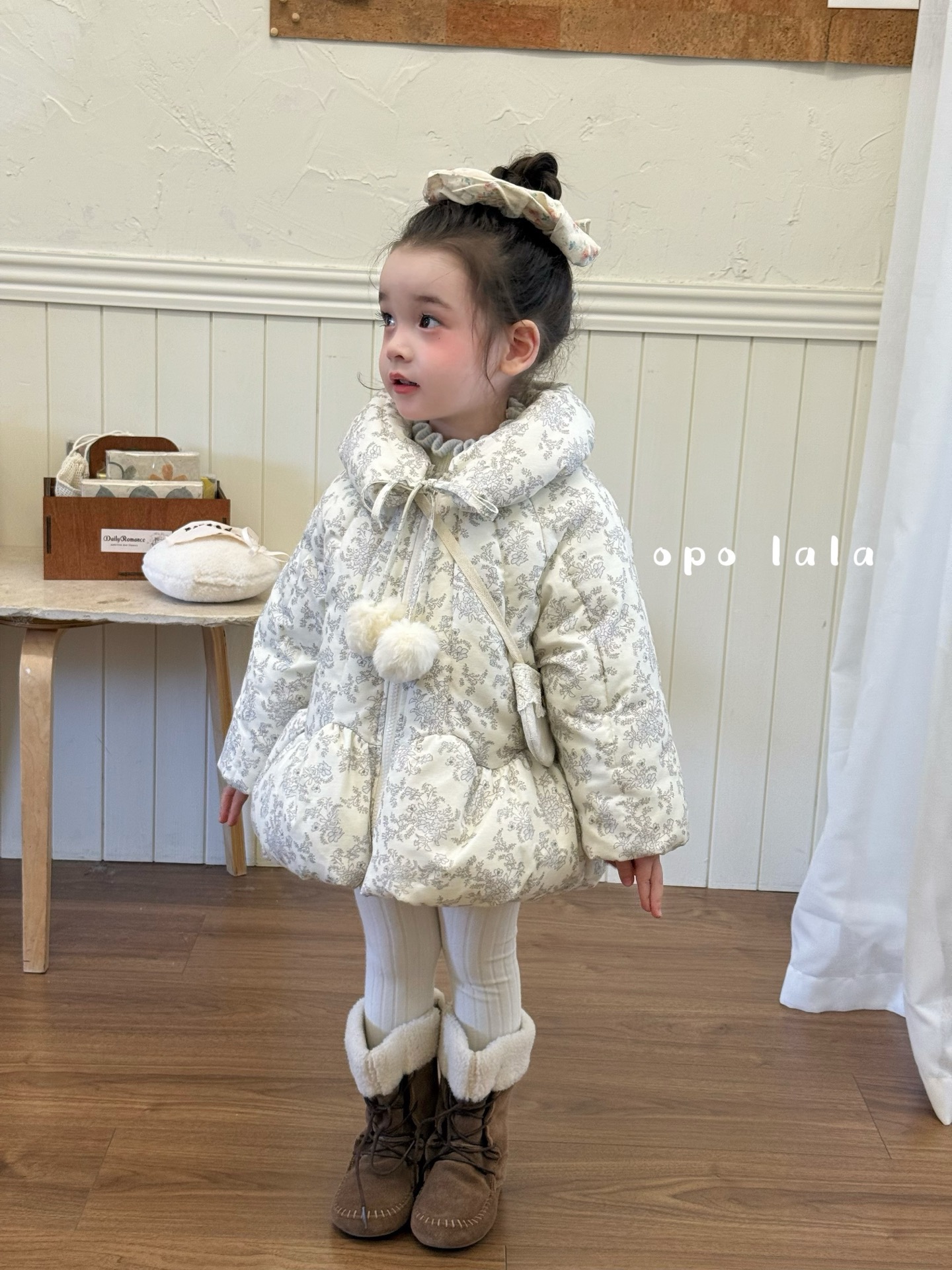 Opolala童装25冬季新款女童小童韩版小毛球碎花棉服厚款外套洋气