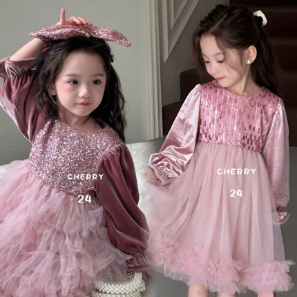 樱桃女童秋冬新款时尚加绒亮片连衣裙蛋糕公主裙生日礼服裙5566